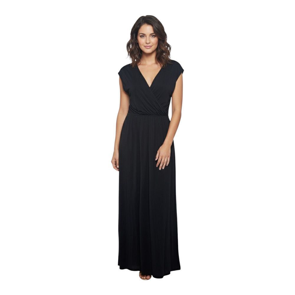 Black Jersey Maxi Dress Vneck Faux Wrap Womens Sz S Short Sleeves Newport News